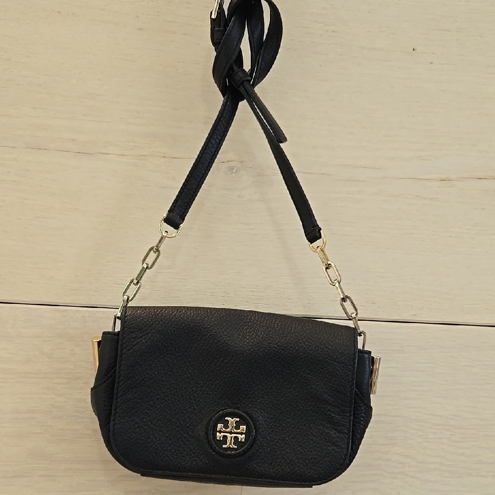Tory Burch Black Pebbled Leather Crossbody Bag with Gold Hardware